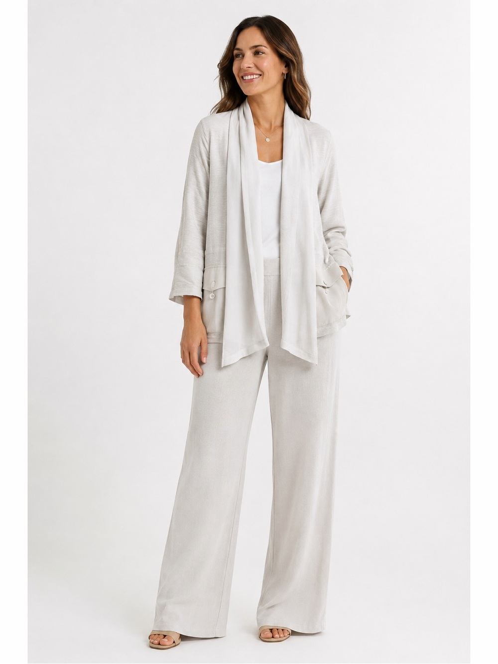 Chico's Sophie Linen Silk Scarf Open Front Pockets Lightweight Cardigan Jacket